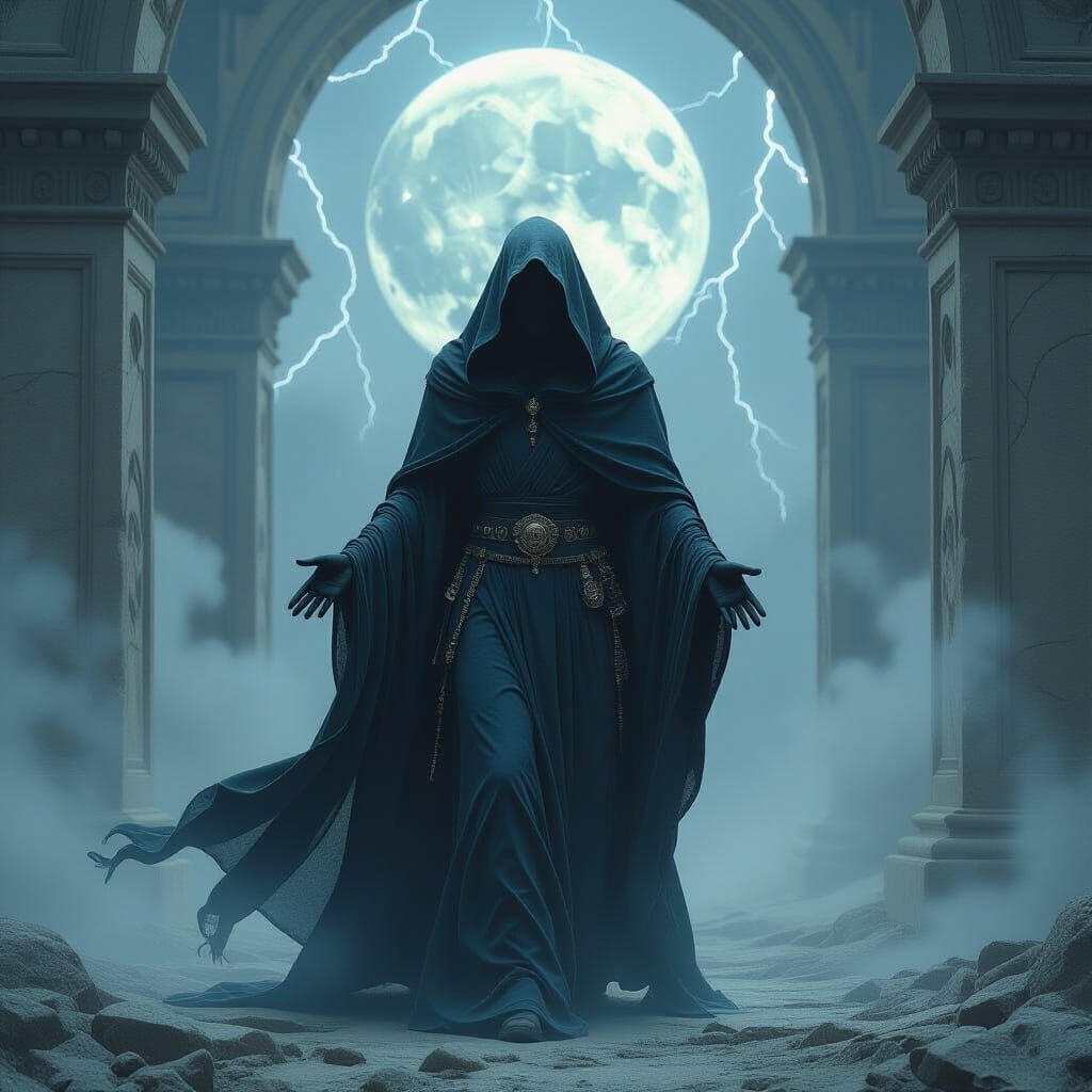 Mystical Figure Seeks Silence in Surreal Landscape