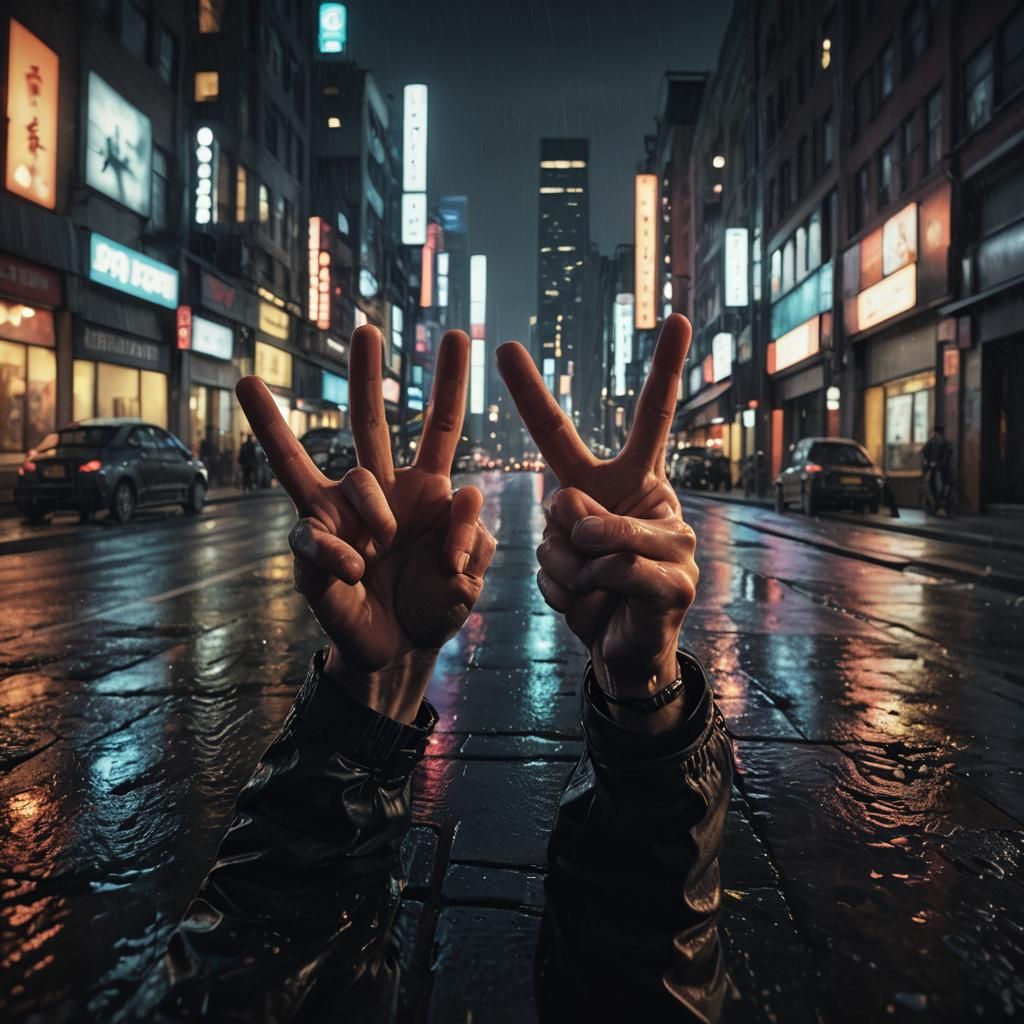 Hyperrealistic Thumbs Up in Neon Cityscape