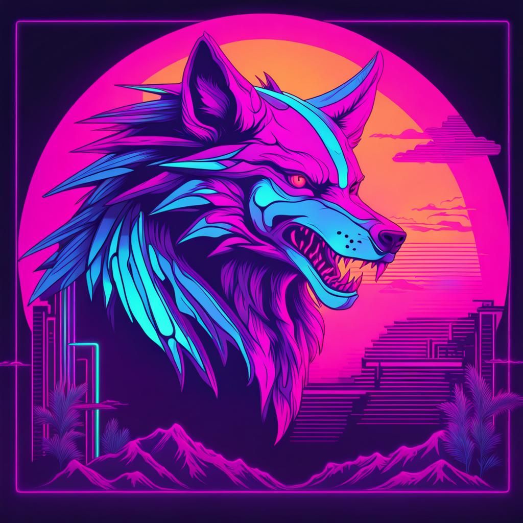 Synthwave Neon Wolf Dragon Hybrid
