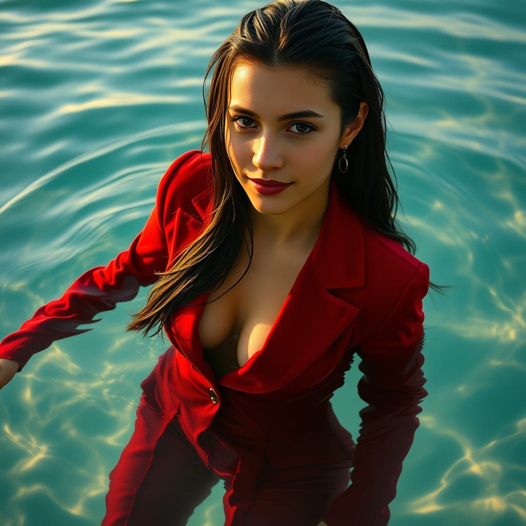 Woman in Velvet Suit in Turquoise Sea: Photorealistic Style