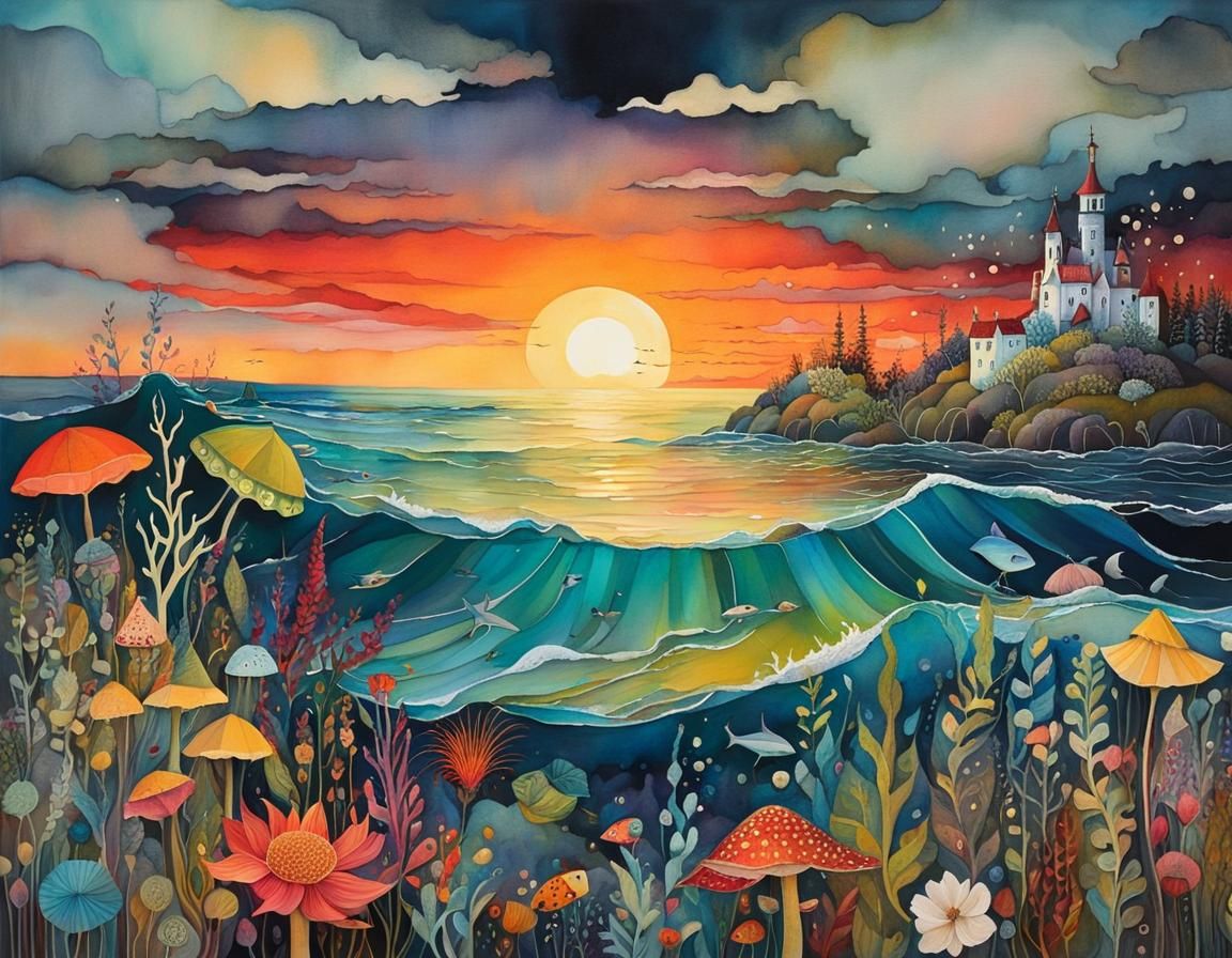 Magical Seascape Sunset Alcohol Ink Drawing