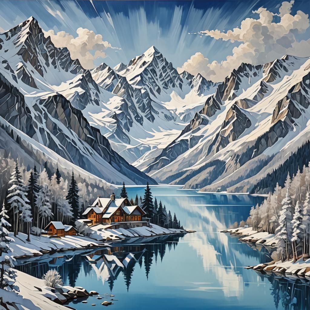 Abstract Snowy Mountain Lake Landscape