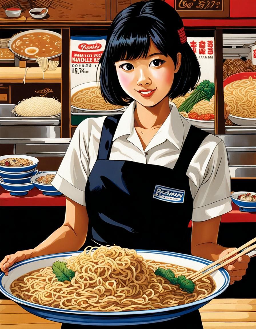 Indonesian Waitress in Ramen Shop: Photorealistic Detail
