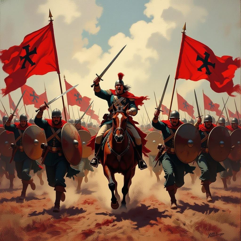 Soldiers Charge in Dramatic Oil Painting Style