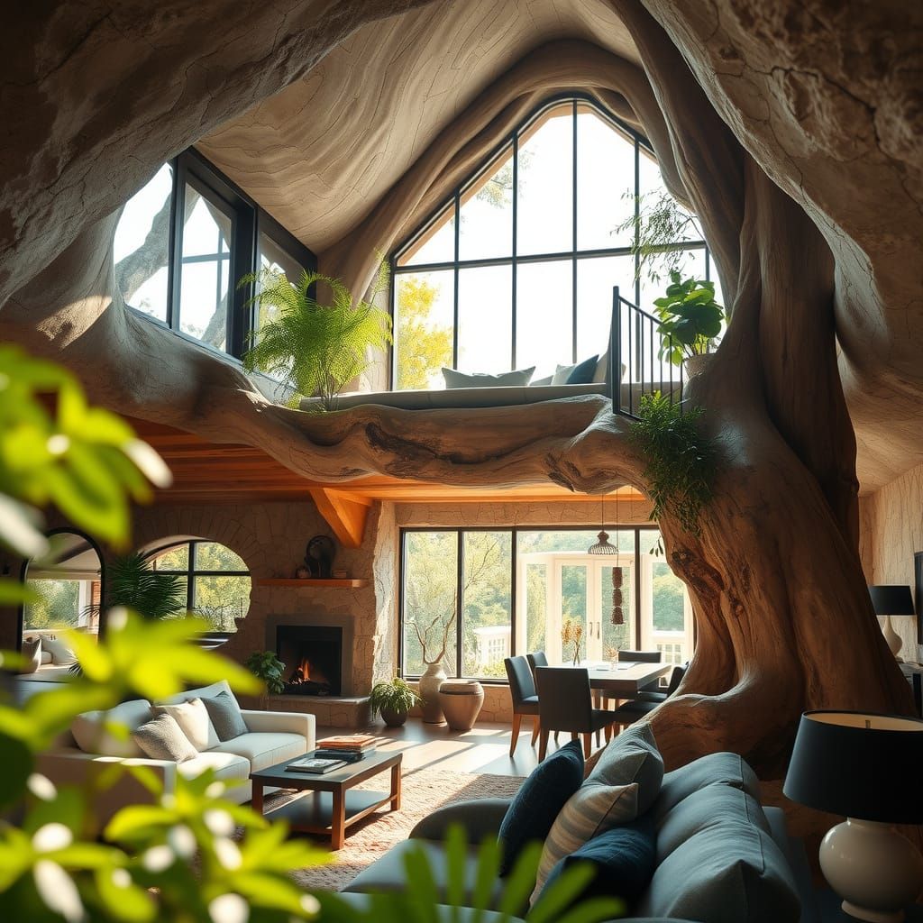 Interior of a large solarpunk stone house, with mezzanine made with natural tree, beautiful luxurious interior