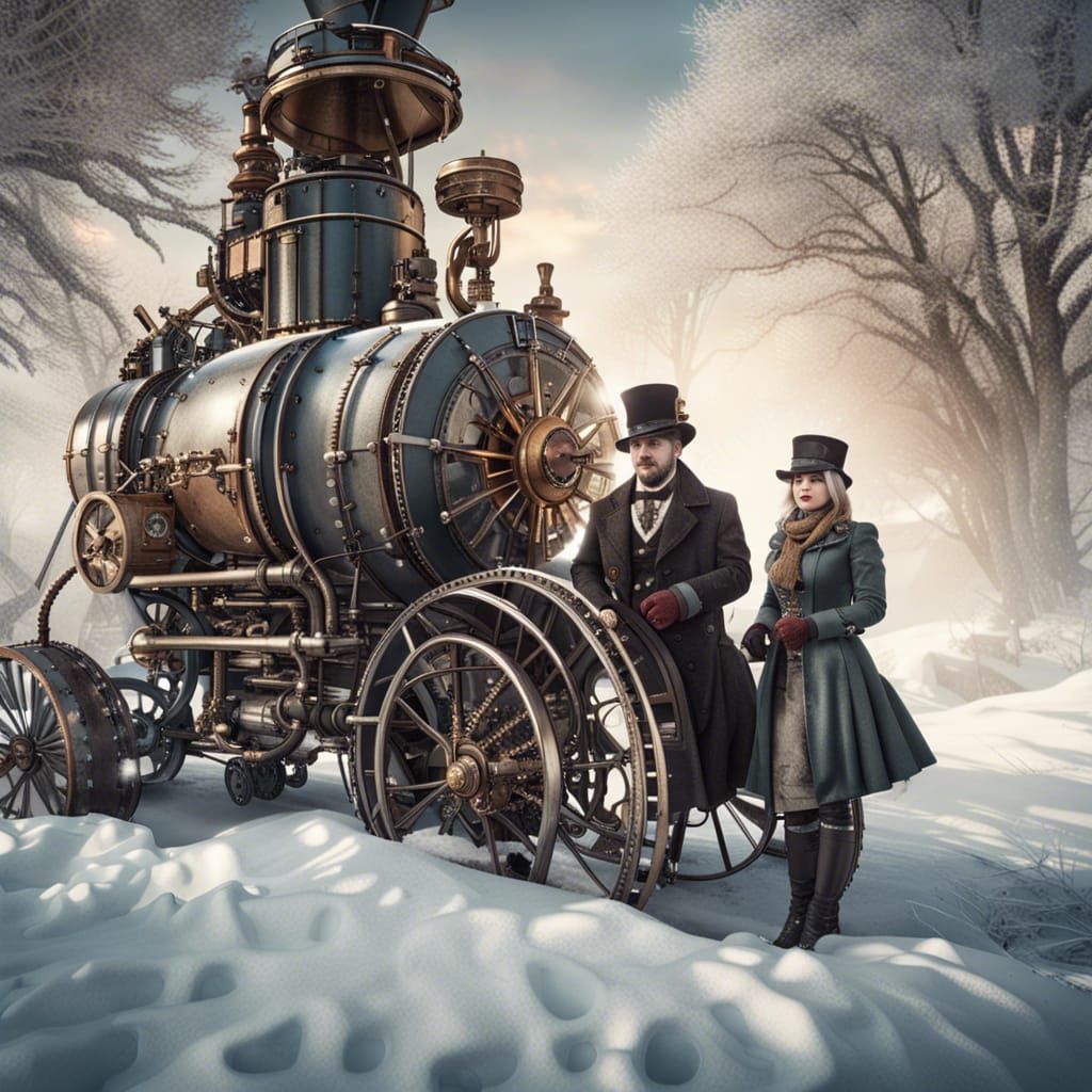 Steampunk Engine in Winter Wonderland: 3D Render