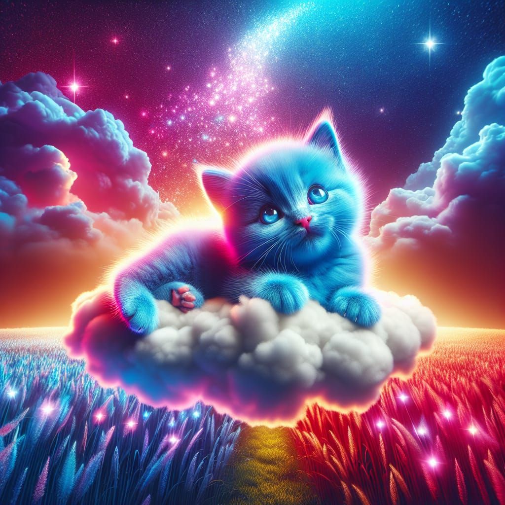 Blue Kitten Cuddled on Cloud in Starry Field