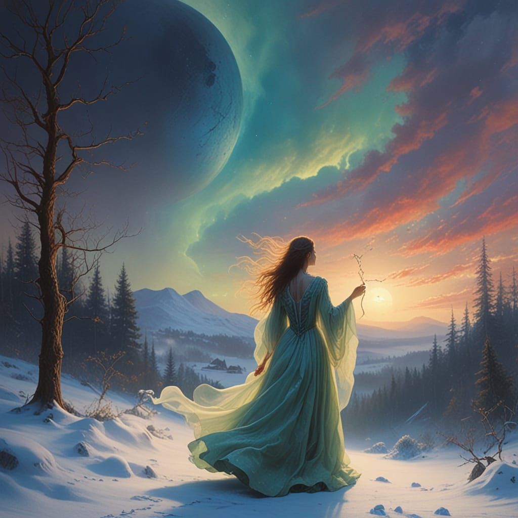 Mysterious Woman in Eerie Foggy Forest Oil Painting