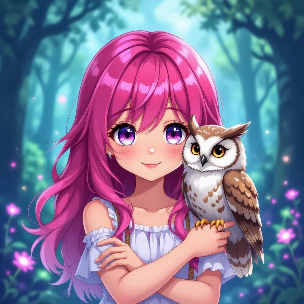 Anime Girl with Pink Hair and Owl in Mystical Forest