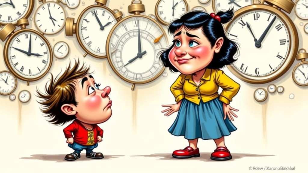 Playful Caricature: Mother Lectures Child About Time