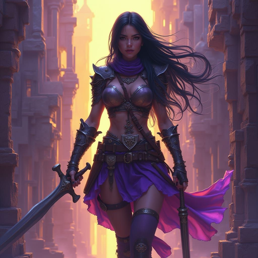 Warrior Woman in Escher-Inspired Fantasy City