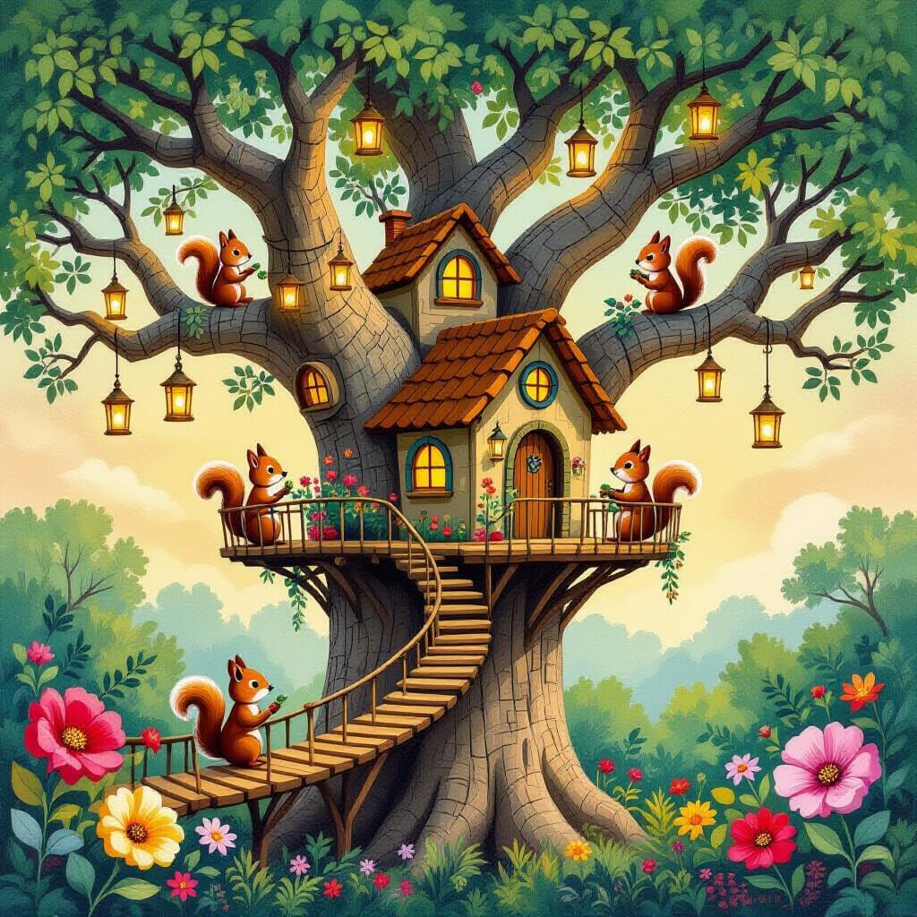 Whimsical Baobab Treehouse Village with Squirrels