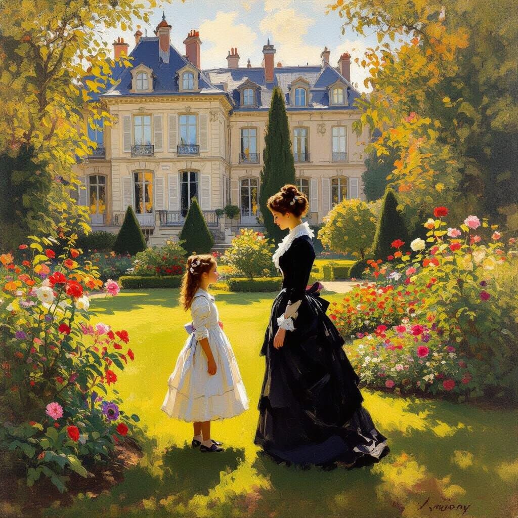 Mother and Daughter in Stately Home Garden