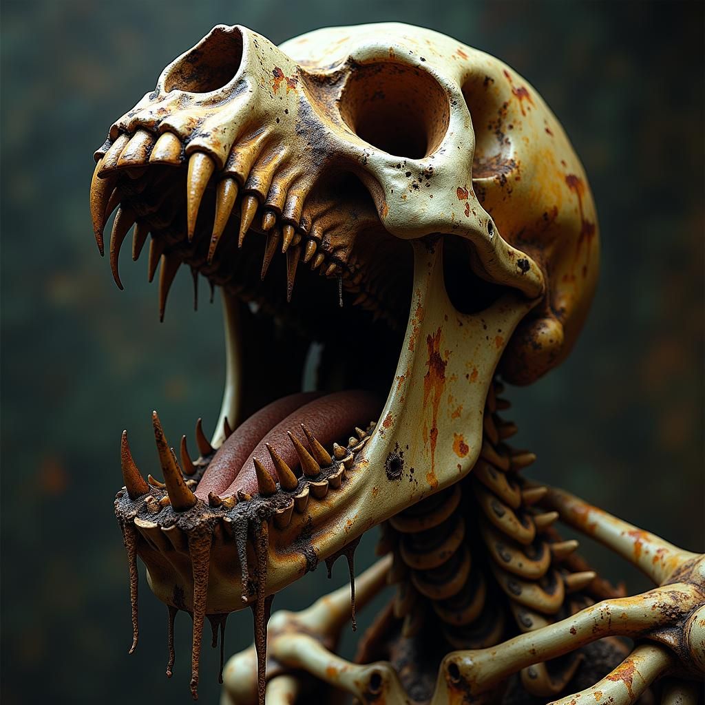 A skeletal maw, wrought from metal and bone, gapes wide, lin...