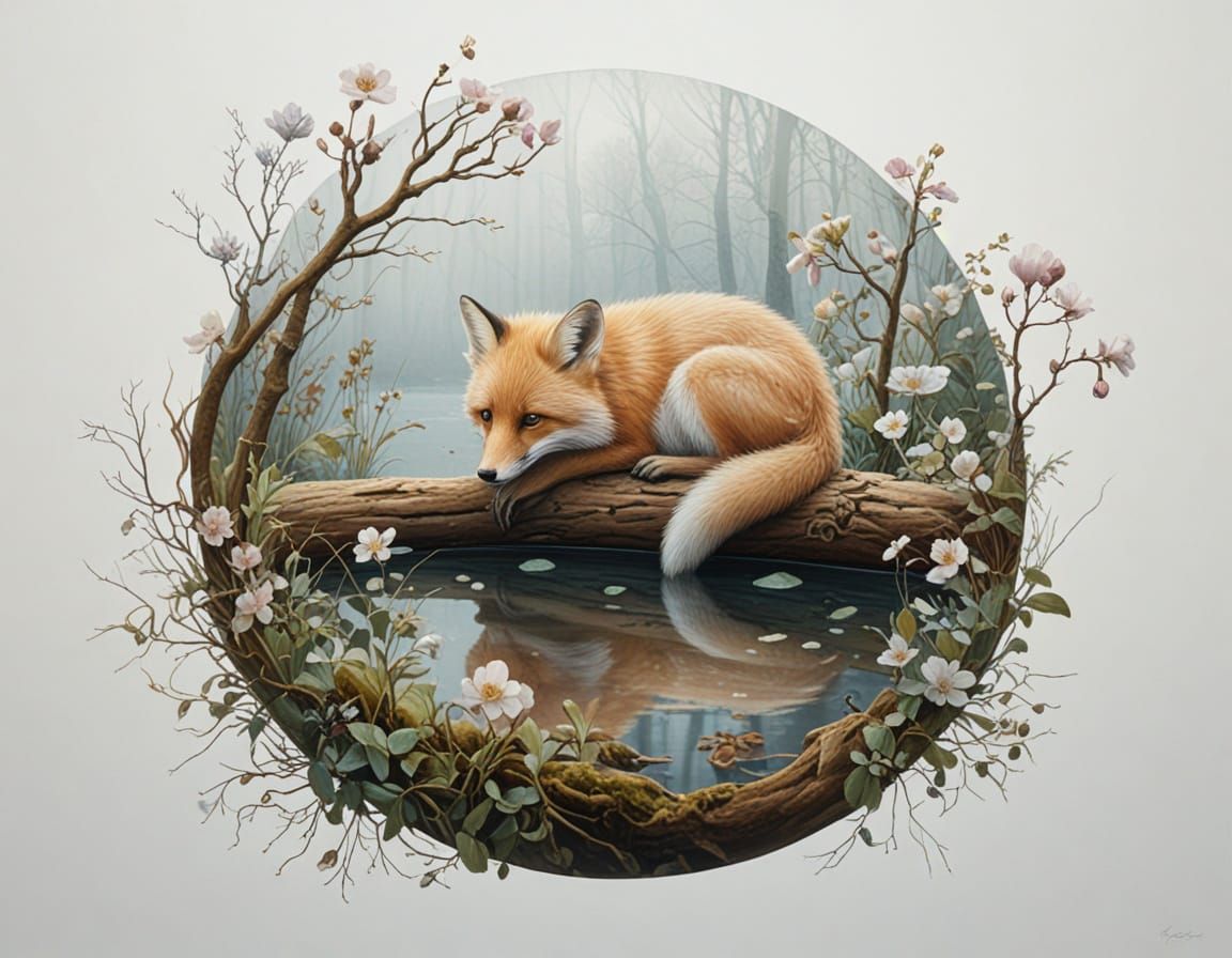 Magical Fox Rests on Frosty Log by Glassy Pond