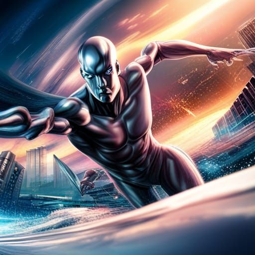 Silver Surfer Battles Foes Above City in 8K