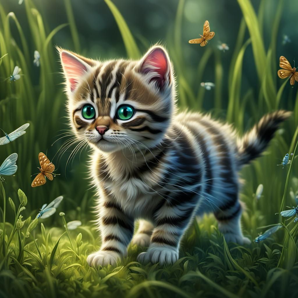 Striped Kitten Playing with Dragonflies in Grassy Field