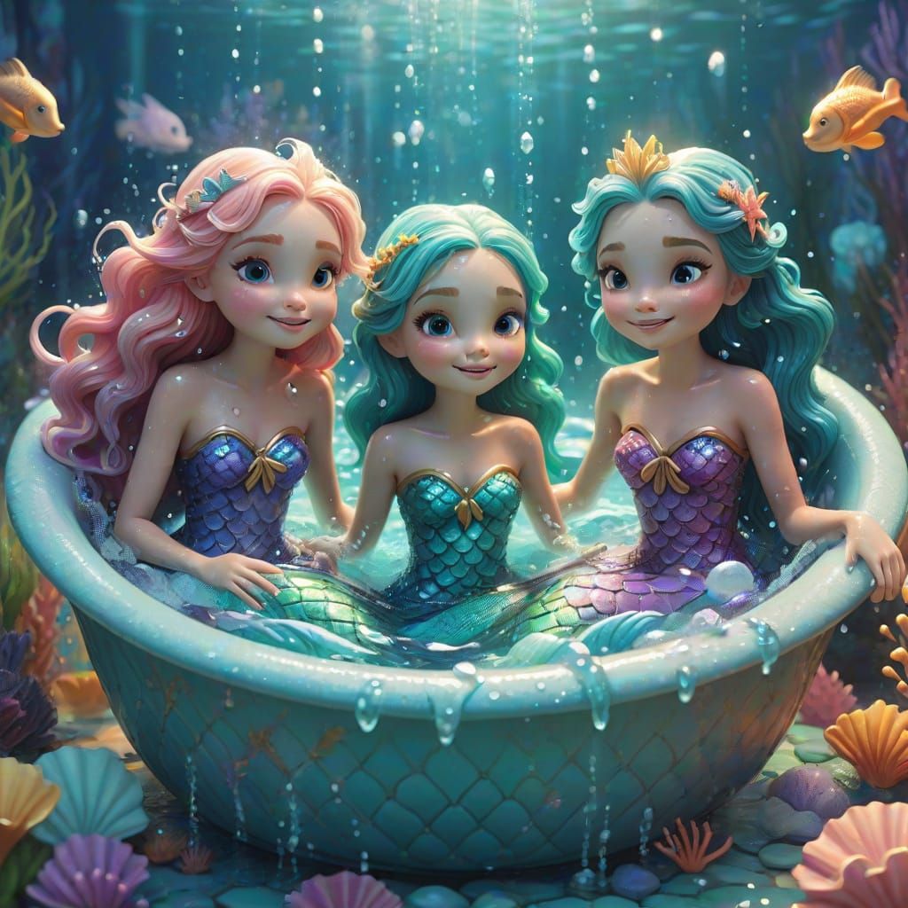 Two Mermaids Splashing in a Bathtub: Fantasy Art