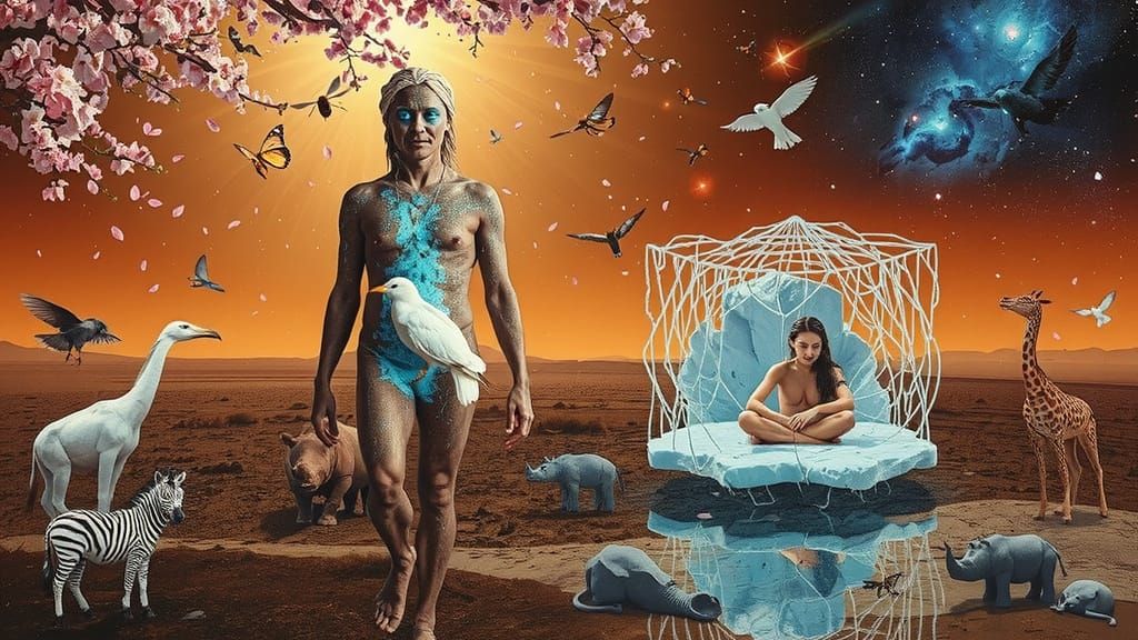 Mystical Shaman with Bioluminescent Core and Cosmic Sky