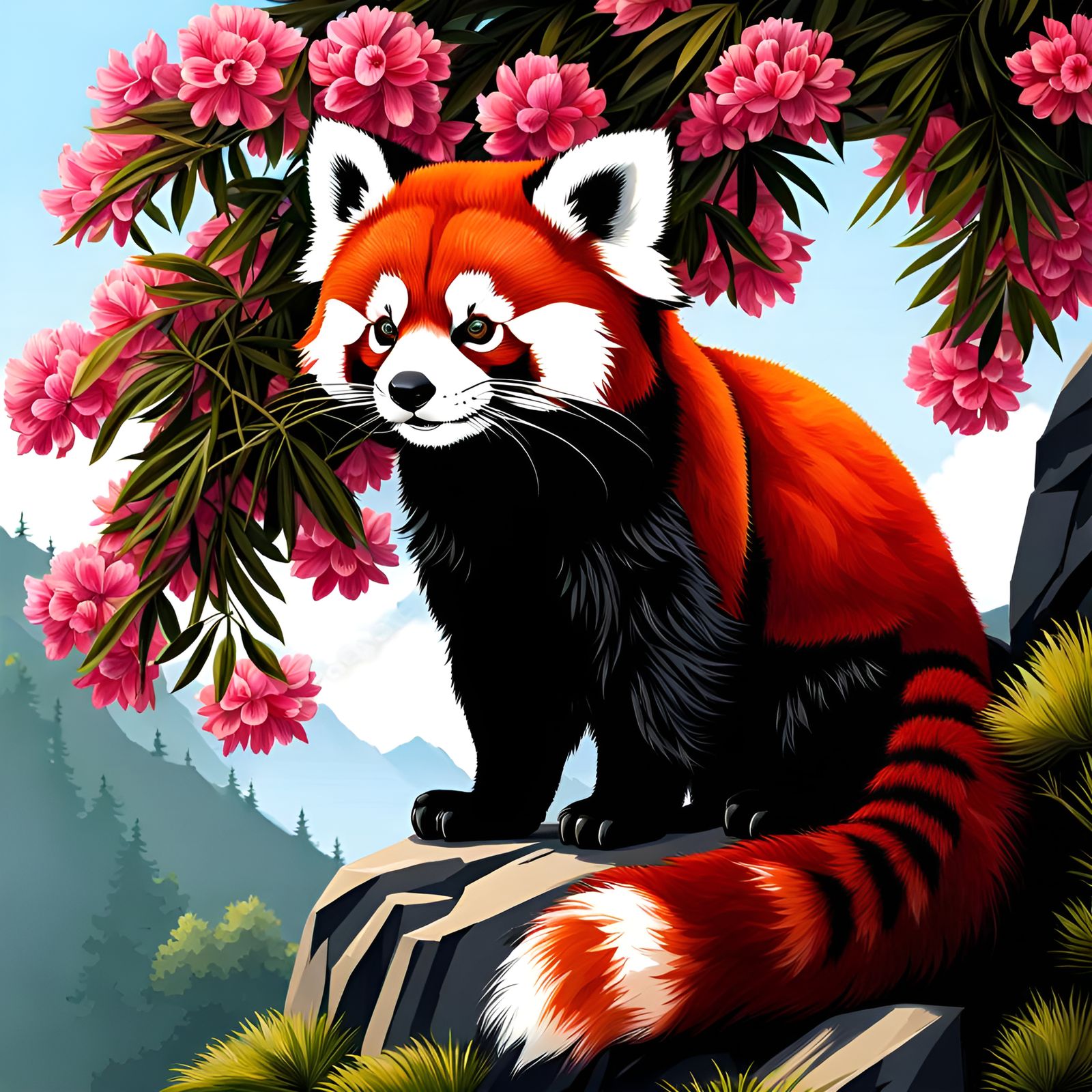 Red Panda in Mountain Landscape Oil Painting