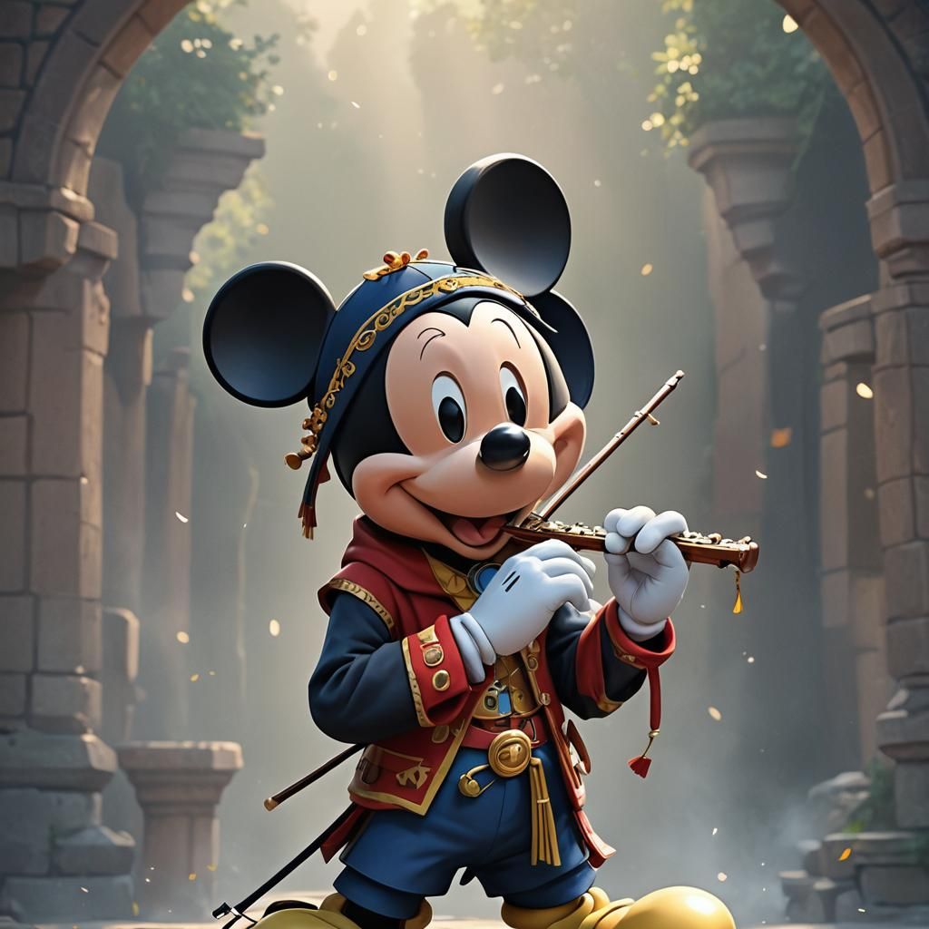 Mickey Mouse Playing Flute in 3D Anime Style