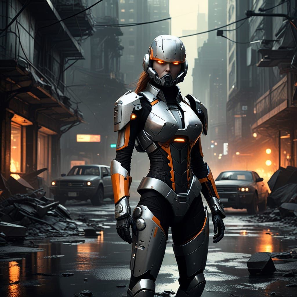 Cyberpunk Android in Futuristic Armor Amidst Ruins