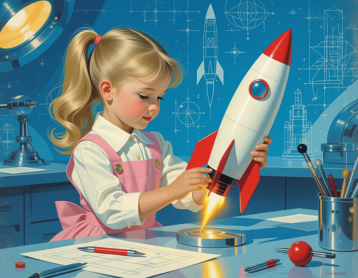 Girl Building Rocket Ship in Whimsical Pin-Up Style