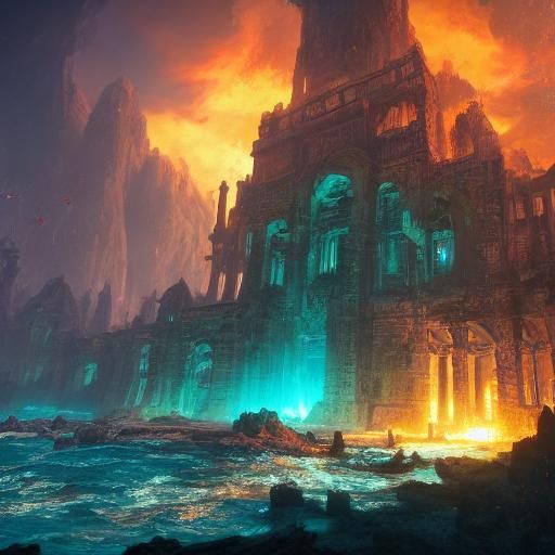 Underwater Ruins with Burning Building, Detailed Matte Paint...