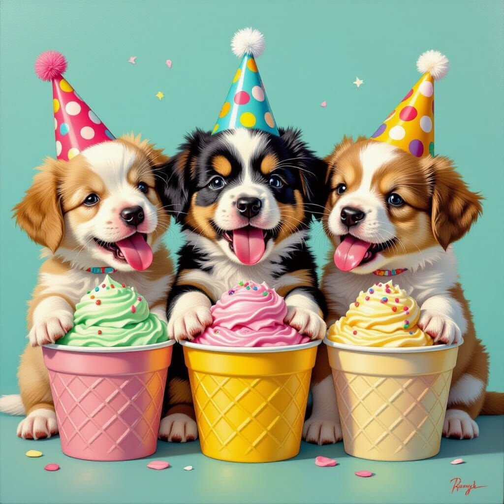 Puppies Eating Ice Cream in Hyper-Realistic Style