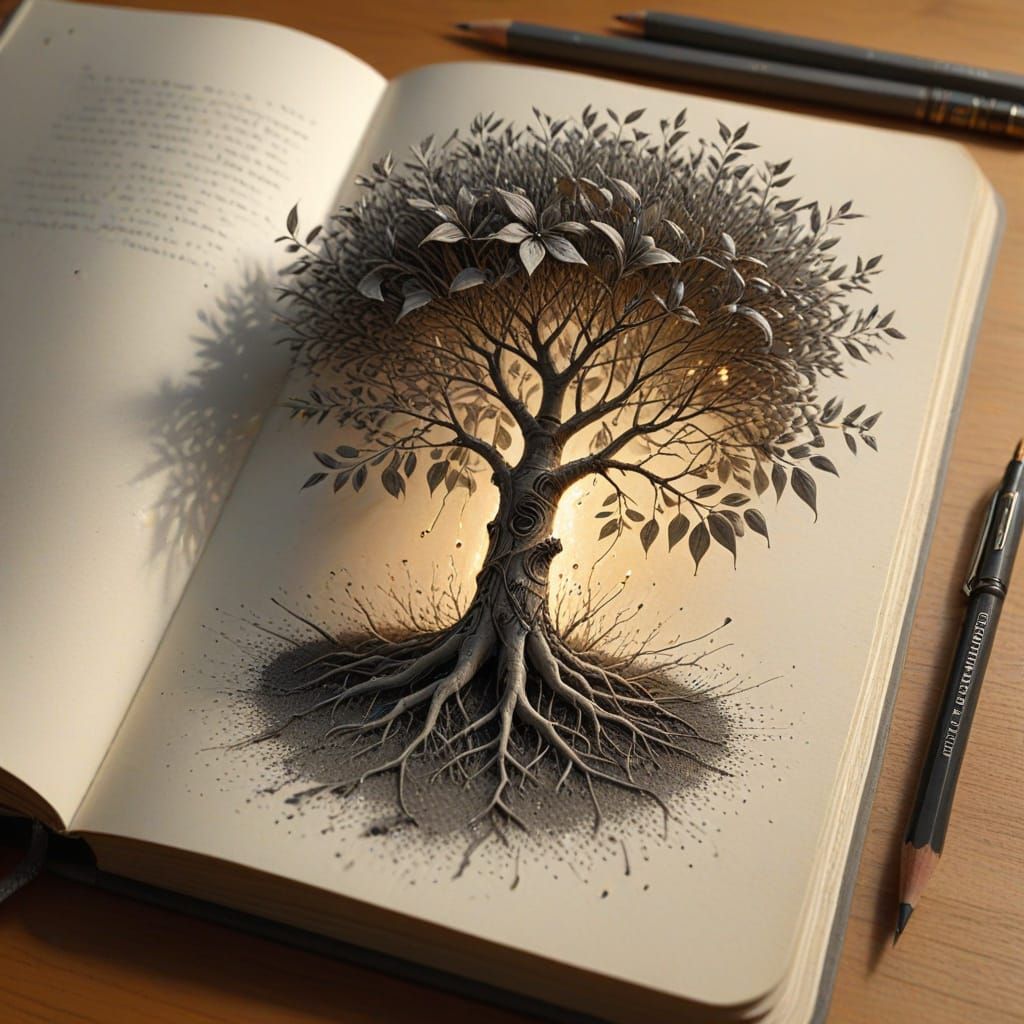 Surreal Graphite Seed Sprouts Artistic Roots on Sketchbook