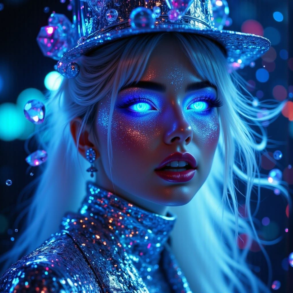 Woman in Silver Tuxedo with Blue Glowing Eyes in Outer Space