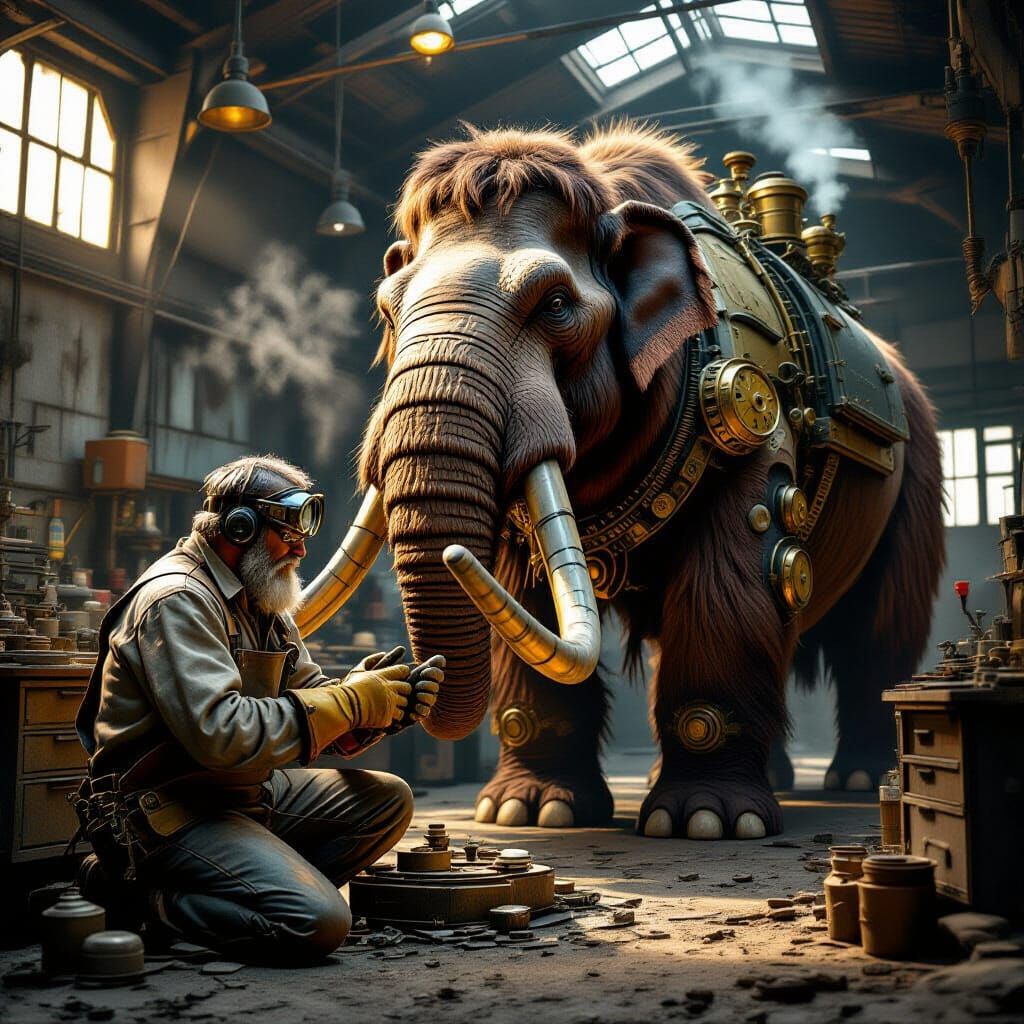 Steampunk Mechanic Repairs Clockwork Mammoth