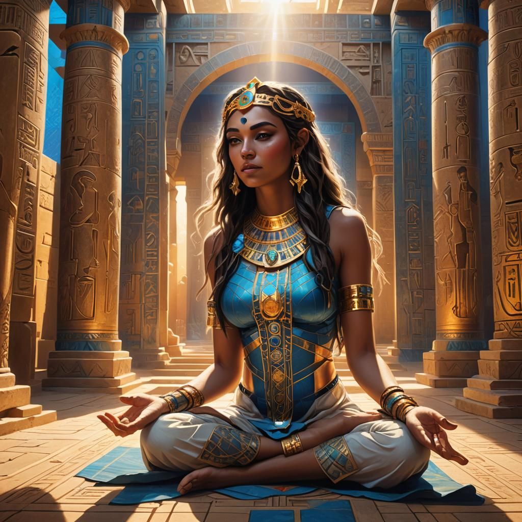 Egyptian Priestess Conjuring Light in Ancient Temple