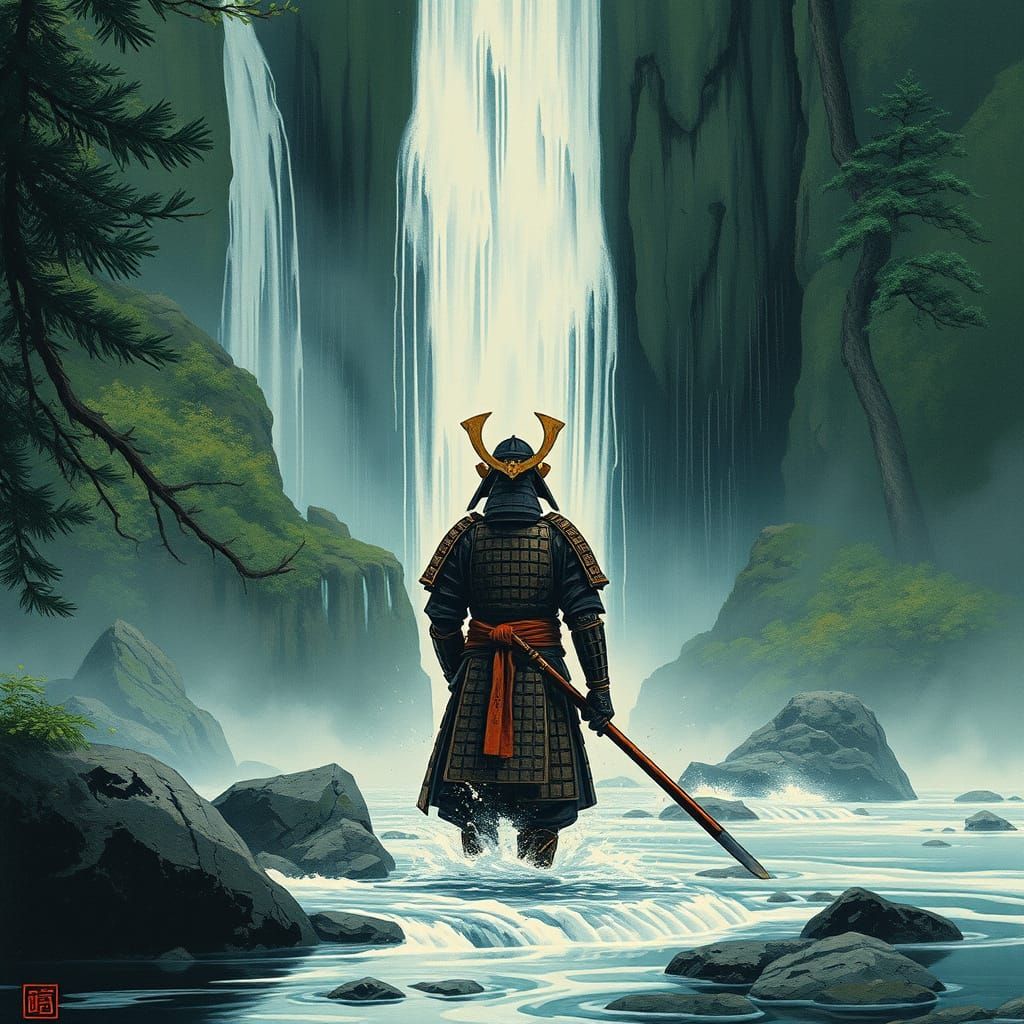 Samurai Meditates Beneath Waterfall in Woodblock Style