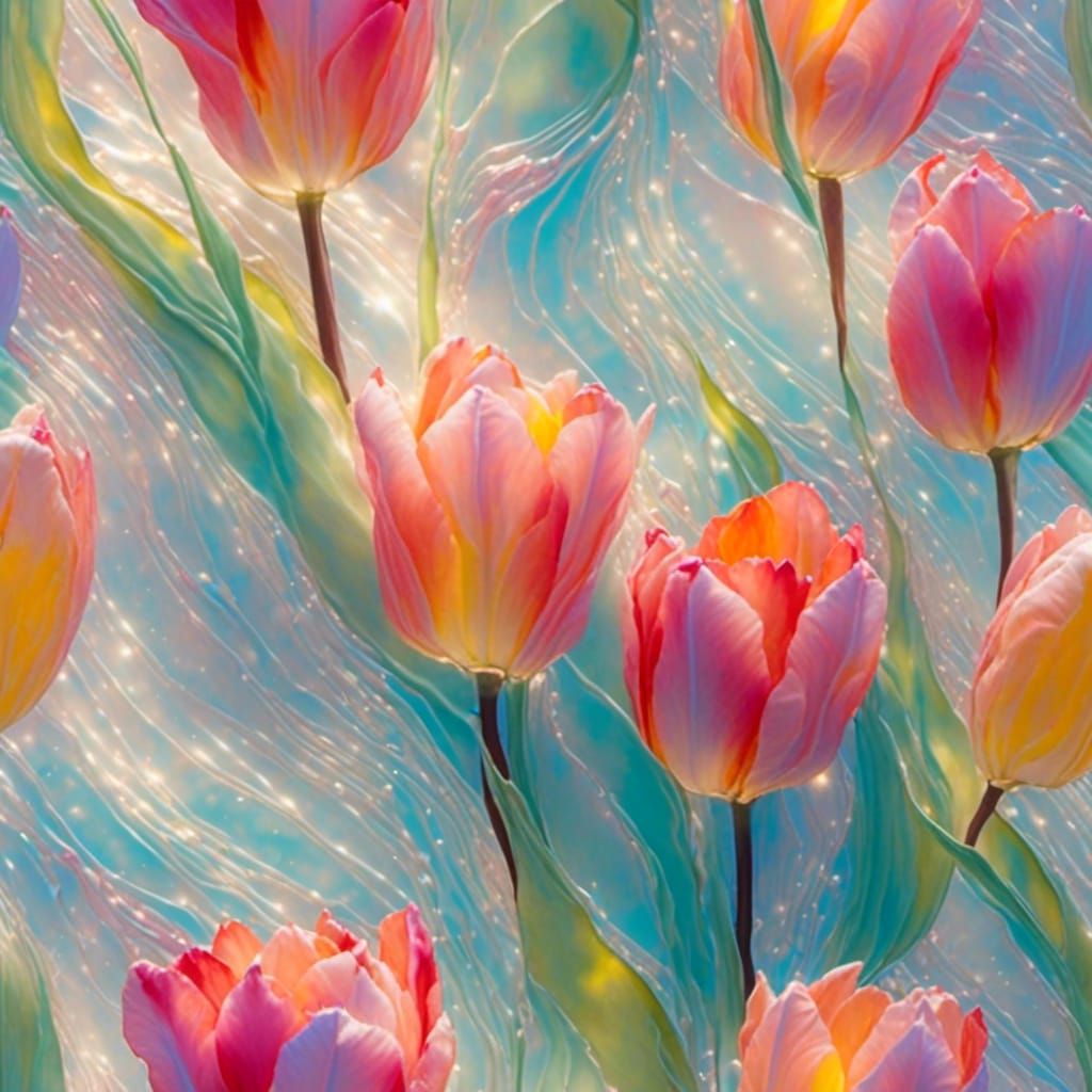 Luminous Tulips on Silk with Opalescent Color