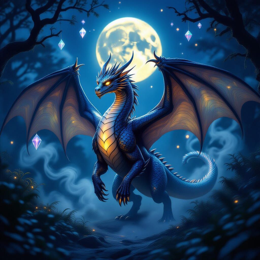 Majestic Night Dragon Emerges From Mystical Forest Under Ful...