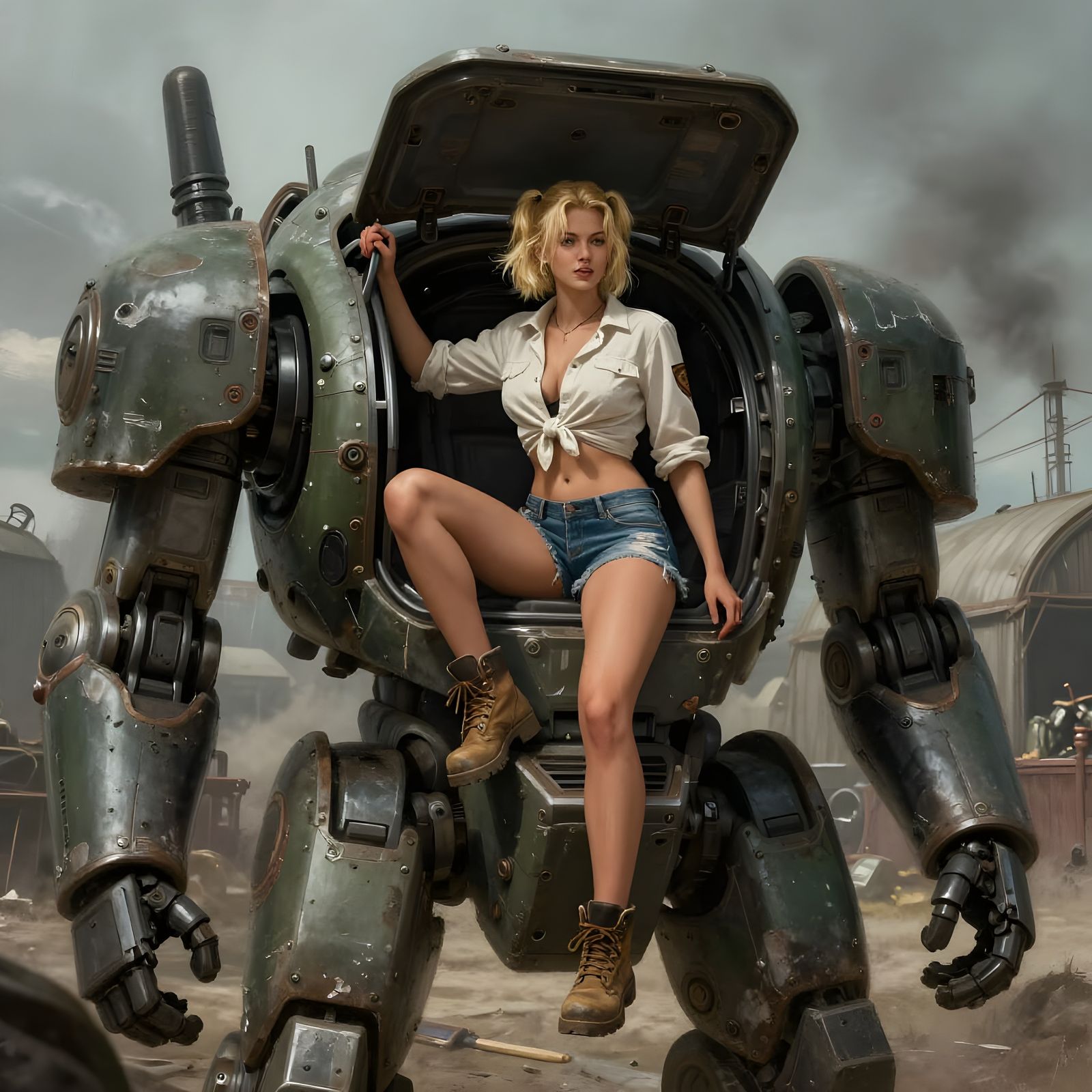 Dieselpunk Woman Exits Mech Cockpit