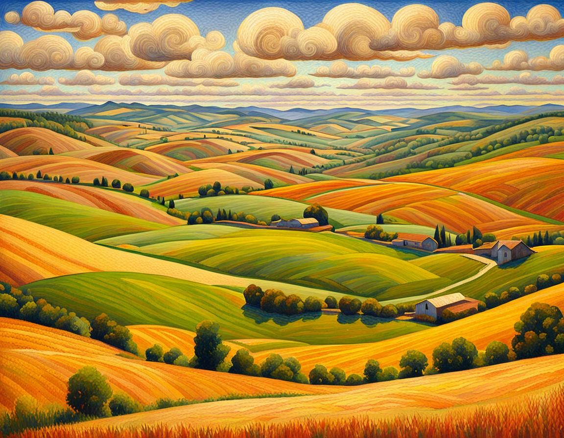 Palouse Washington Landscape in Pointillism Style