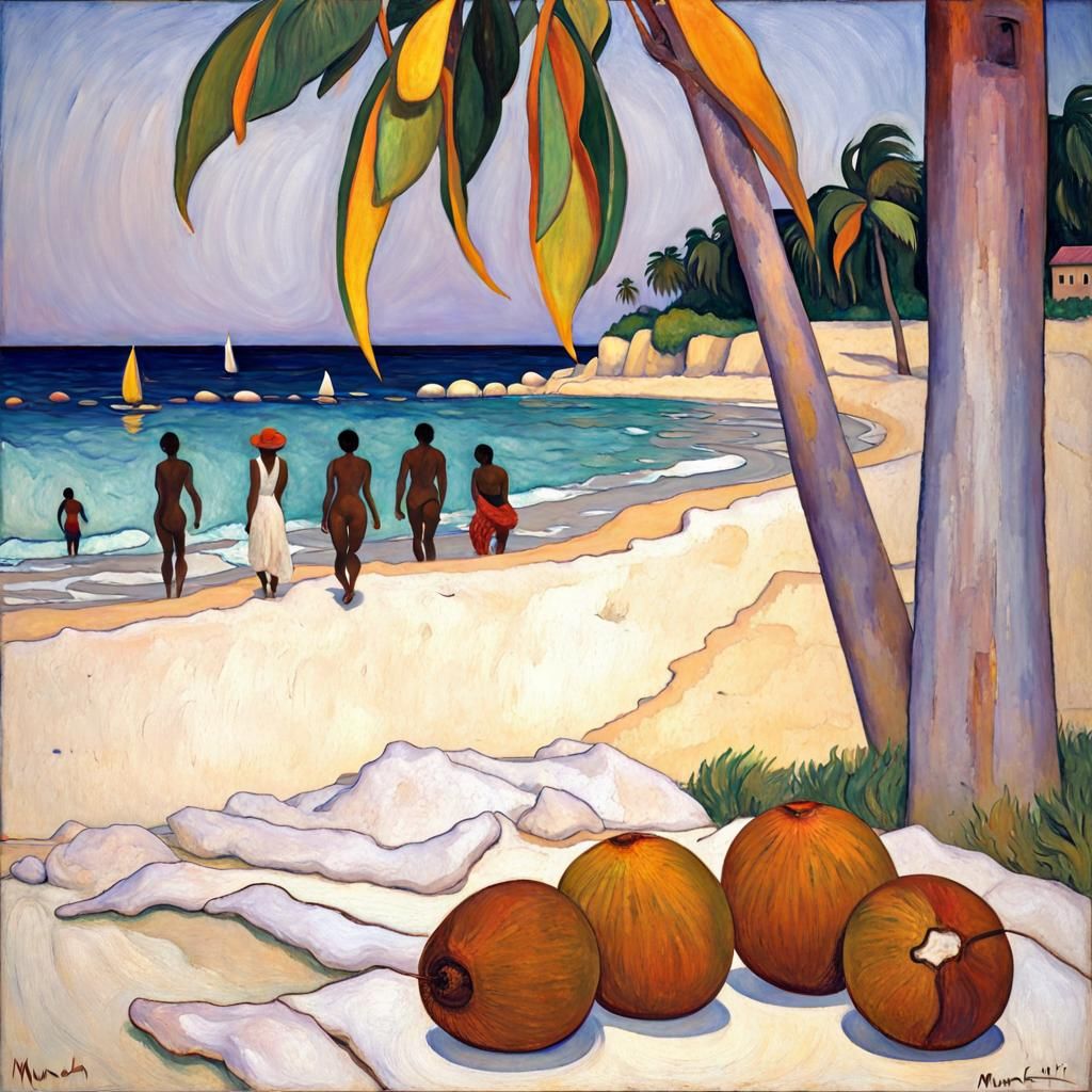 Barbados Beach with Coconuts in Art Nouveau Style