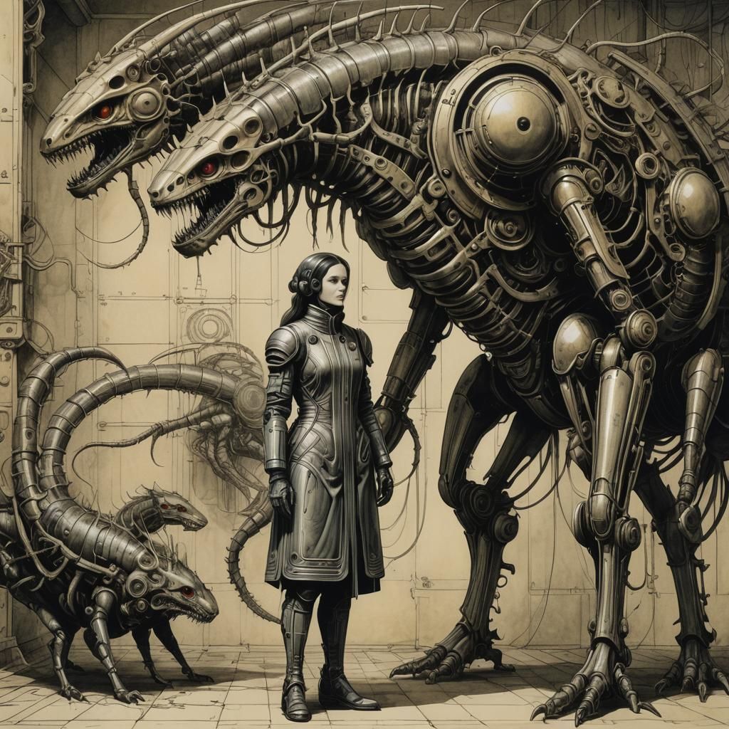 Mechanical Woman and Ouroboros in Cyberpunk Style