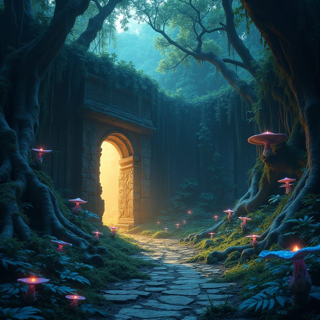 Ancient Temple Reborn in Vibrant, Electric Blue Jungle