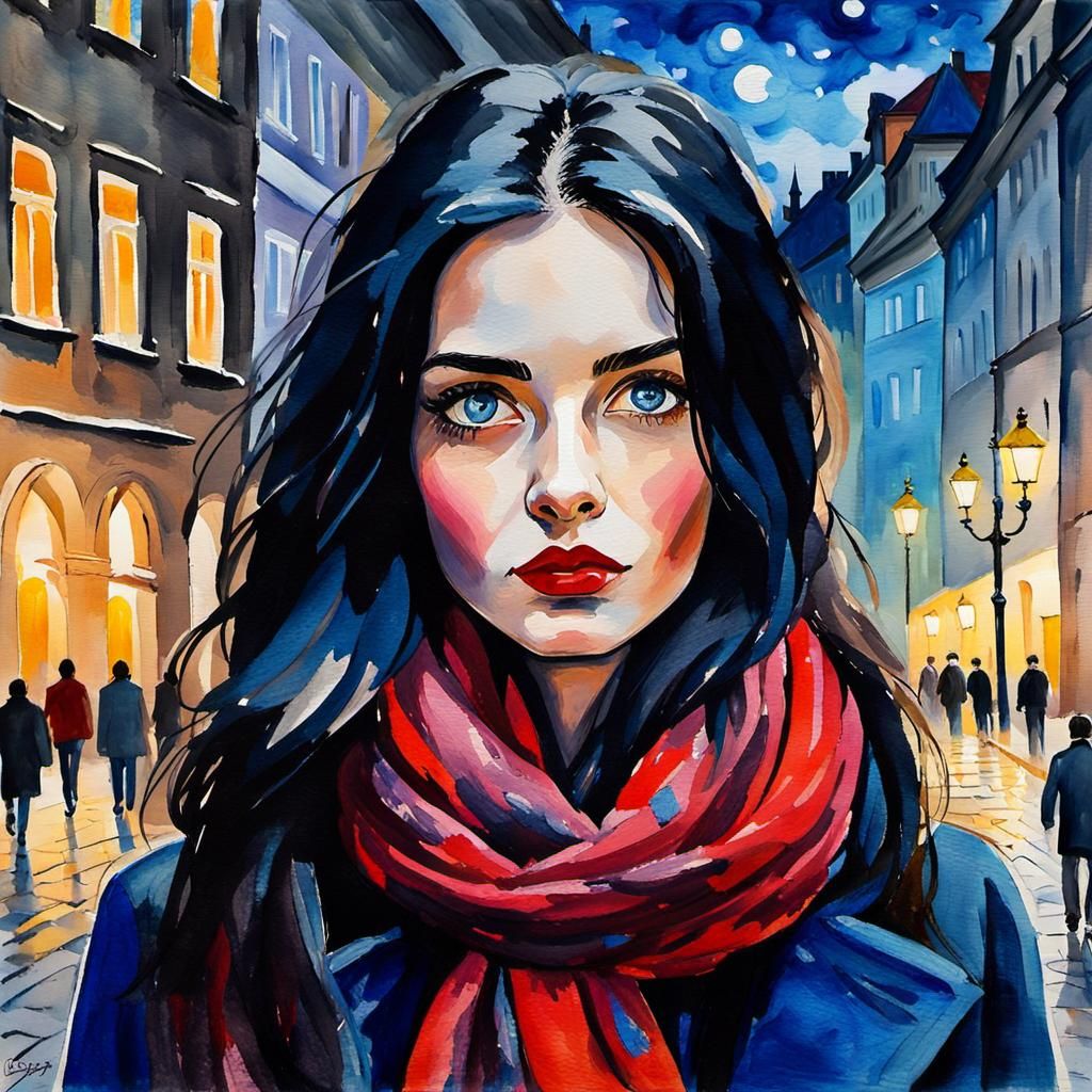 Woman in Prague: An Impressionist Gouache Painting