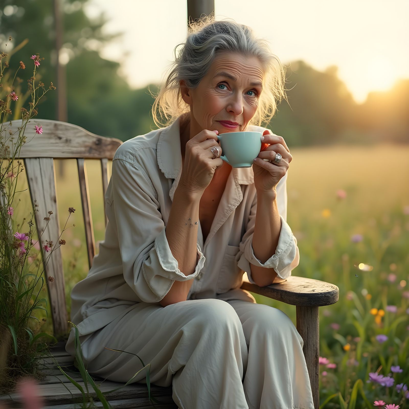 Elderly Woman Savoring Sunrise Coffee on Porch