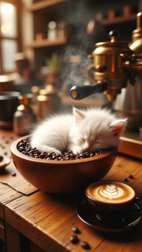 Kitten Napping in Coffee Beans, Watercolor Style