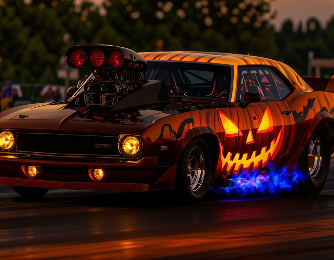 Fiery Jack-o'-Lantern Dragster Speeds Down Track