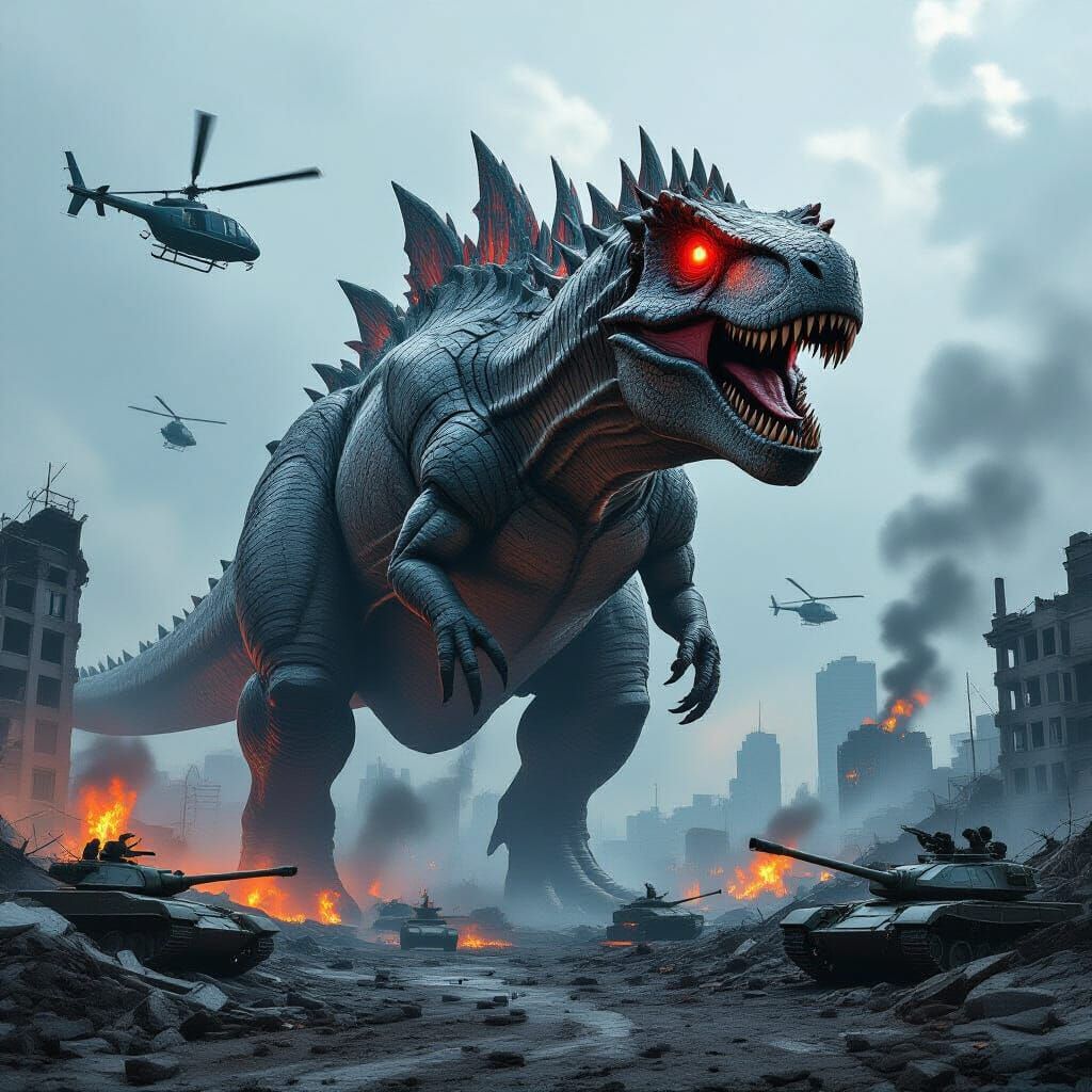 Giant Dinosaur Overwhelmed Ruined Cityscape