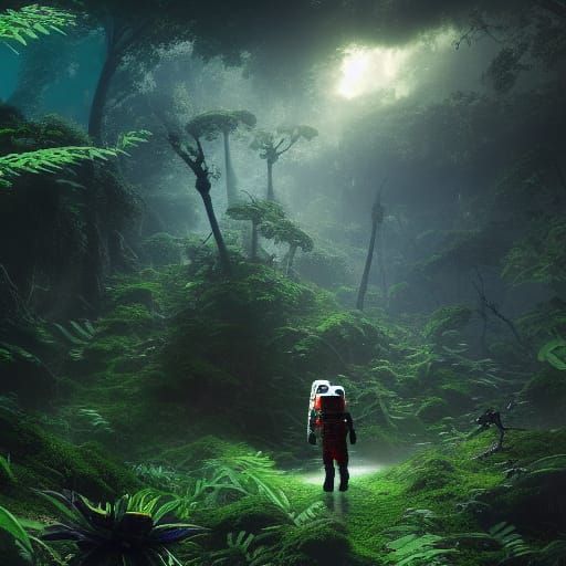 Astronaut in a Space Rainforest: Fantasy Concept Art