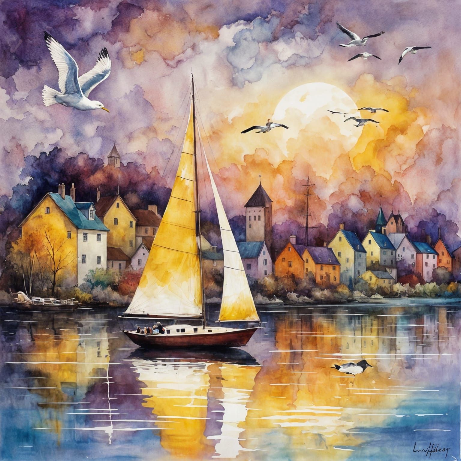 Lake Village with Sailboat in Whimsical Illustration