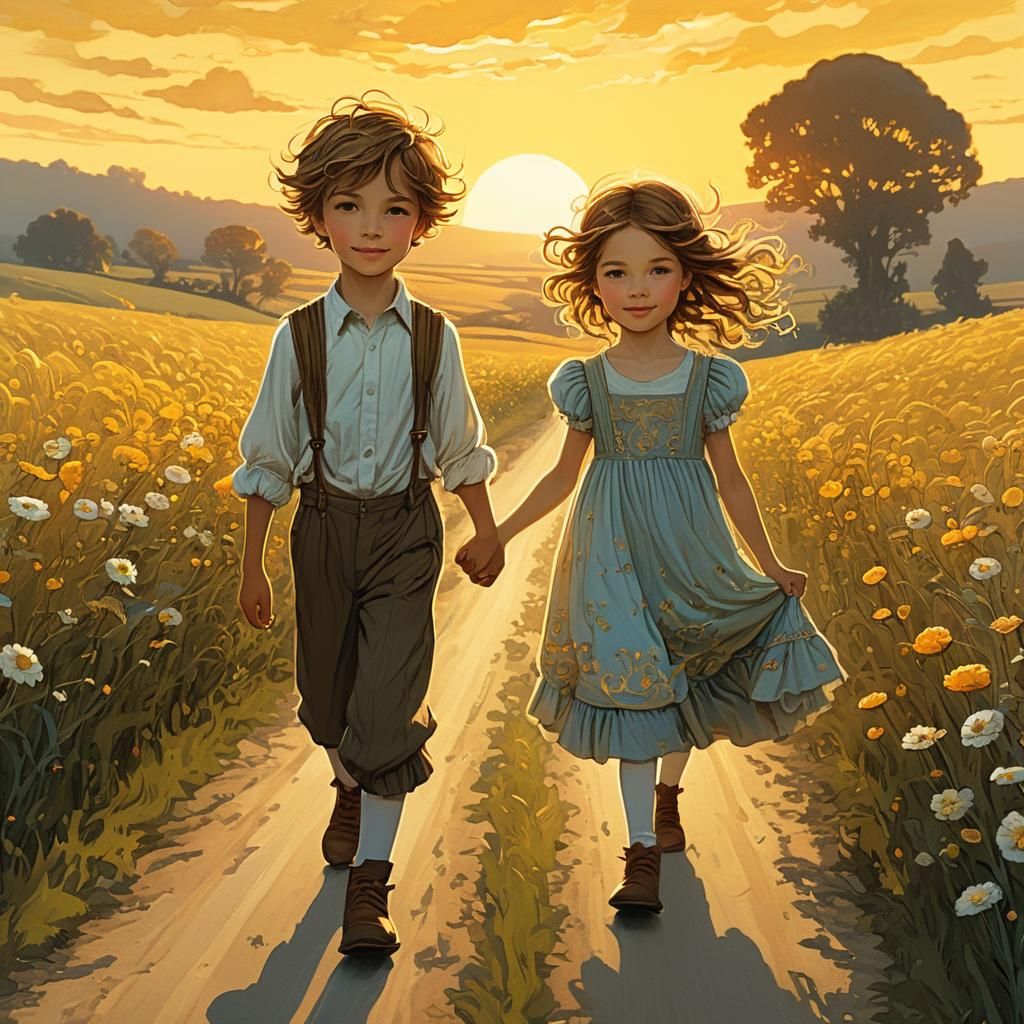 Enchanting Siblings Stroll: Whimsical Fantasy Illustration