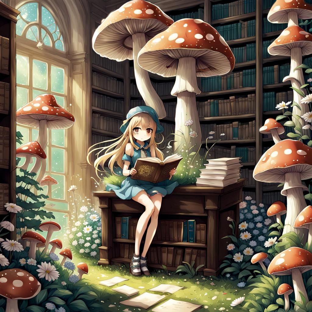 Fantasy Fairies and Magic Library in Anime Style